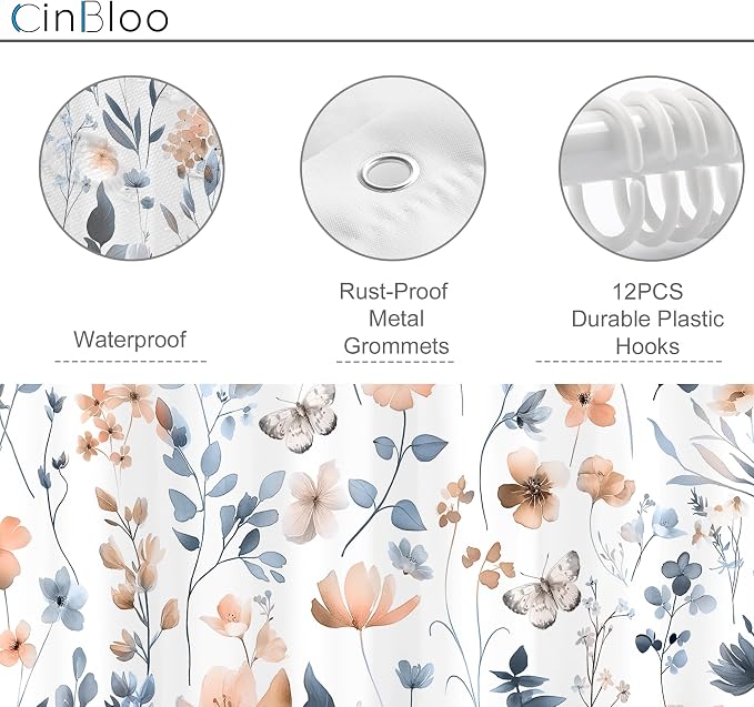 Cute Floral Blue Pink Flower Watercolor Plants Bathroom Shower Curtain Set | 72"W x 72"H Wildflower Butterfly; waterproof HD print, quick-dry fabric and plastic hooks for easy setup.