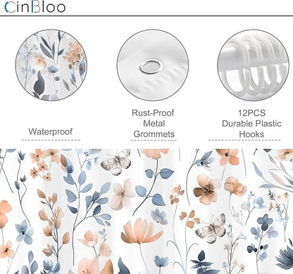 Cute Floral Blue Pink Flower Watercolor Plants Bathroom Shower Curtain Set | 72"W x 72"H Wildflower Butterfly; waterproof HD print, quick-dry fabric and plastic hooks for easy setup.