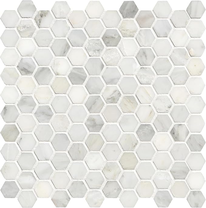 MSI Arabescato Carrara Honed Marble Tile for Kitchen Backsplash, Wall Tile for Bathroom, Accent Wall Tile, and Shower Wall Tile, 11.1 in. X 11.5 in. Mesh-Mounted Mosaic Tile, (8.9 sq. ft.)