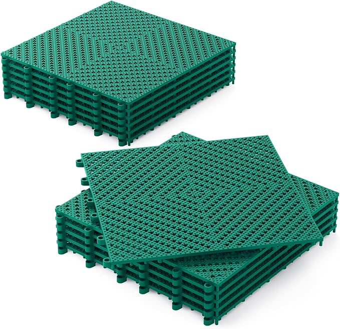 12-Pcs Interlocking Tile, Indoor/Outdoor Drainage Interlocking Floor Tiles 11.8" x 11.8", Anti-Slip Waterproof Soft PVC Splicing Flooring Tile for Garage Patio Pool Bathroom, Green