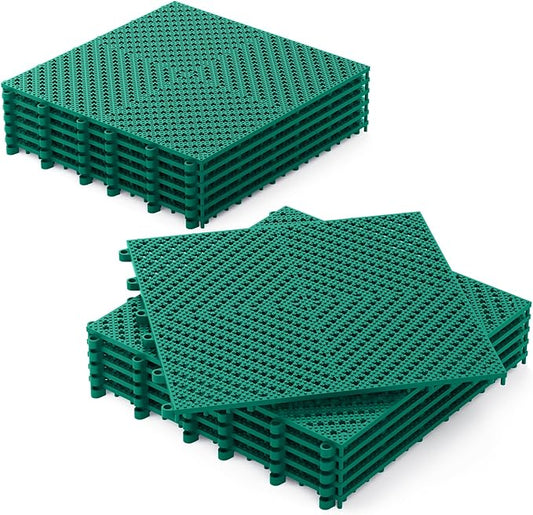 12-Pcs Interlocking Tile, Indoor/Outdoor Drainage Interlocking Floor Tiles 11.8" x 11.8", Anti-Slip Waterproof Soft PVC Splicing Flooring Tile for Garage Patio Pool Bathroom, Green