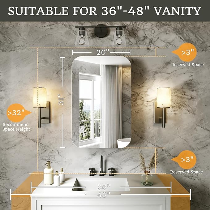 20x31 Bathroom Medicine Cabinet with Mirror,Aluminum Alloy Frame with Mirror Side Panels,Surface or Recessed Medicine Cabinet with Adjustable Shelves,Assembly Required,Rounded Corner