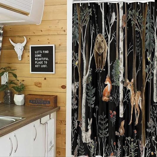 JAWO Camper Shower Curtain, Rustic Lodge Cabin Woodsy Wildlife Animals Woodland Rv Shower Curtains Camper Camping Bathroom Set with Hooks, 47X64 Inch, Black