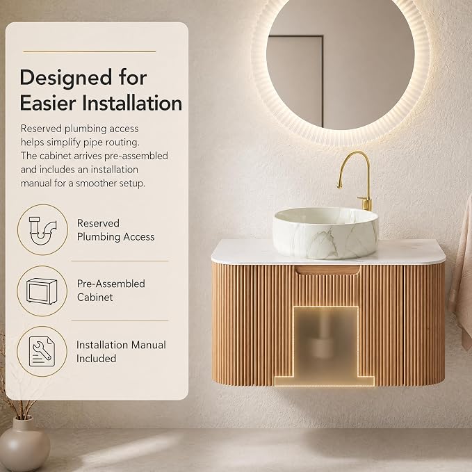 24 Inch Bathroom Vanity with Sink, Floating Wall Mounted Single Sink Vanity for Small Baths, Natural Woodgrain Curved Fluted Front, Stone Top, Marble-Look Round Vessel Basin, Pre-Assembled