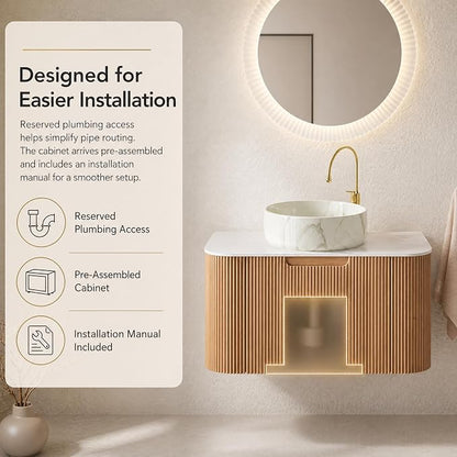 24 Inch Bathroom Vanity with Sink, Floating Wall Mounted Single Sink Vanity for Small Baths, Natural Woodgrain Curved Fluted Front, Stone Top, Marble-Look Round Vessel Basin, Pre-Assembled