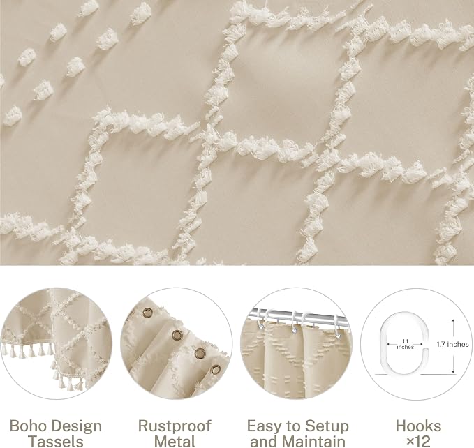 Siiluminisoy Extra Long Cream/Beige Boho Shower Curtain - Woven Fabric Farmhouse 96 Inch, 72 x 96 Tufted Chevron Textured Striped Modern Minimalist Cloth Curtain for Bathroom
