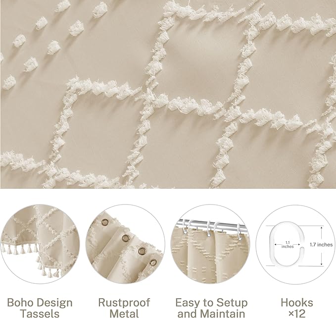 Siiluminisoy Extra Long Boho Farmhouse Shower Curtain Woven Fabric Beige 90 Inch Shower Curtain, 72 x 90 Tufted Chevron Textured Striped Modern Minimalist Cloth Shower Curtain for Bathroom
