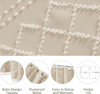 Siiluminisoy Extra Long Boho Farmhouse Shower Curtain Woven Fabric Beige 90 Inch Shower Curtain, 72 x 90 Tufted Chevron Textured Striped Modern Minimalist Cloth Shower Curtain for Bathroom