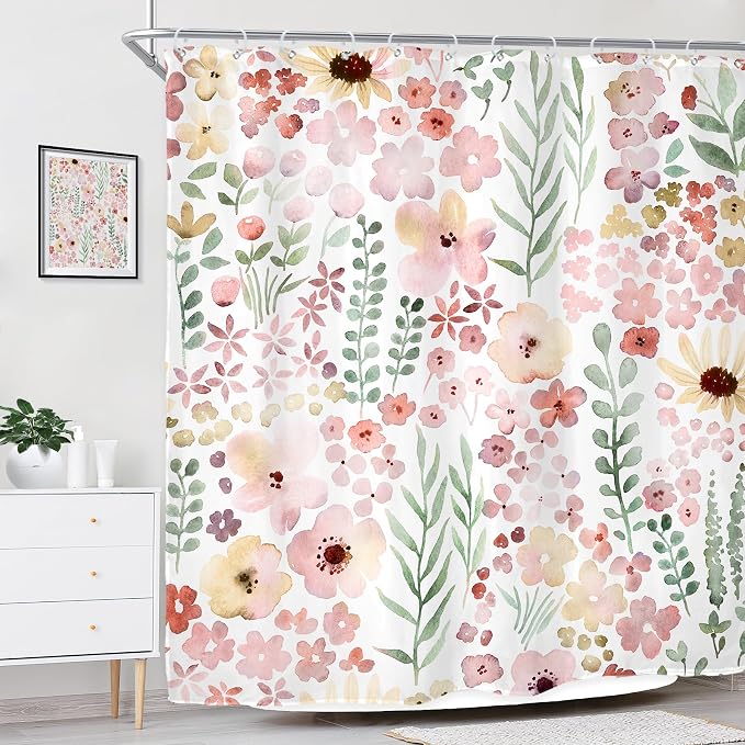 Cute Pink Green Floral Spring Boho Kids Girls Bathroom Shower Curtain Set | 72"W x 72"H Girly Watercolor; waterproof HD print, quick-dry fabric with 12 hooks for easy hanging.