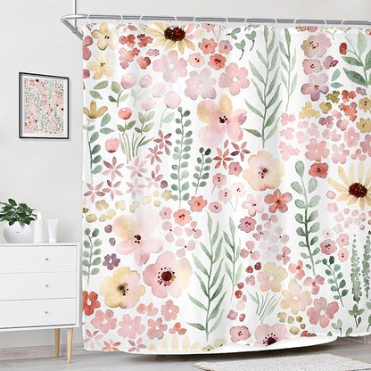 Cute Pink Green Floral Spring Boho Kids Girls Bathroom Shower Curtain Set | 72"W x 72"H Girly Watercolor; waterproof HD print, quick-dry fabric with 12 hooks for easy hanging.