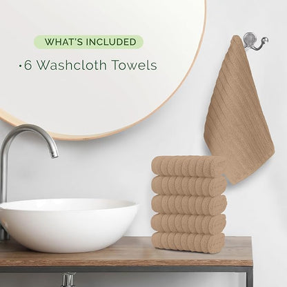Elegant Comfort 100% Turkish Cotton Corduroy Ribbed Luxury Washcloths 6 Pack Soft 13 x 13 Inch - Higly Absorbent, Durable, Quick Dry, Spa Premium Hotel Quality for Bathroom or Travel, Taupe
