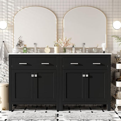Favfurish 60" Double Bathroom Vanity,Free Standing Double Basin Vanity Set w/ 2 Ceramic Sinks,Adjustable Shelf & Soft Close Doors,Solid Wood Frame Storage Cabinet w/Flip Drawer,for Bathroom,Black