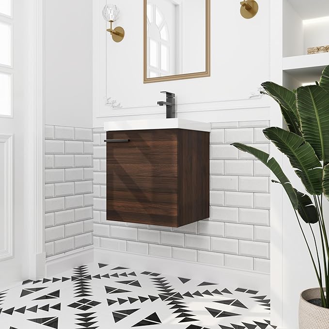 18" Wall-Mounted Bathroom Vanity with Sink, 18 inch Modern Floating Bath Vanity Design with Soft-Closing Door & Space-Saving Storage, Dark Brown