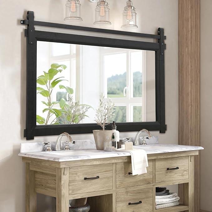 Besdomus Bathroom Black Farmhouse Mirror: 42"x28" Barn Door Rustic Solid Cedar Wood Frame - Wall Mounted Mirror for Fireplace/Living Room/Bathroom Remodel - Modern Farmhouse Decor for Homemakers