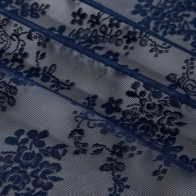 YJ YANJUN Navy Blue Lace Stand Up Shower Curtain for Bathroom 36x72 | Scalloped Shabby Chic Shower Curtain with Valance for the Small Stall Bathroom, Victorian Moody Narrow RV Curtain