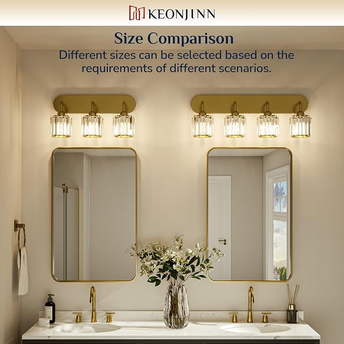 Keonjinn 6-Light Gold Crystal Bathroom Light Fixtures Over Mirror | Vanity Lighting Fixture with Crystal Square Shades, Dimmable, Modern Style, Compatible with E26 Base LED Bulbs (Exclude Bulb)