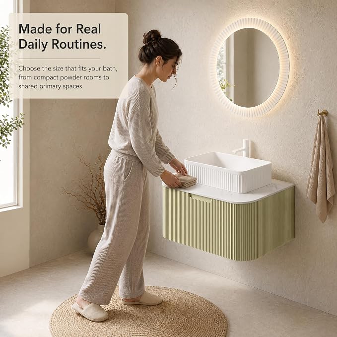 30 Inch Bathroom Vanity with Sink, Floating Wall Mounted Single Sink Vanity, Sage Green Curved Fluted Front, Stone Top, White Textured Rectangular Vessel Basin, Pre-Assembled
