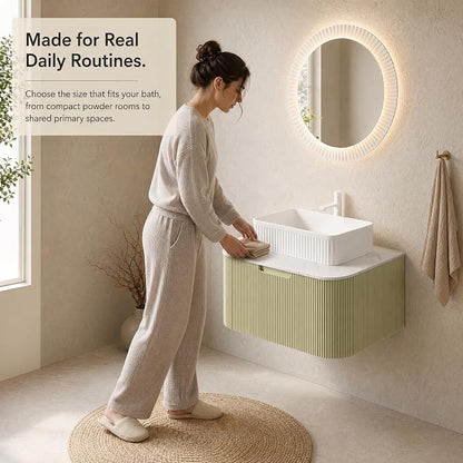 30 Inch Bathroom Vanity with Sink, Floating Wall Mounted Single Sink Vanity, Sage Green Curved Fluted Front, Stone Top, White Textured Rectangular Vessel Basin, Pre-Assembled