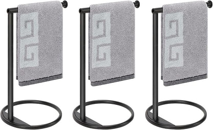 NearMoon Hand Towel Holder Stand, Thicken Metal L Shape Hand Towel Rack, Small Towel Ring, Stable Standing Towel Bar for Bathroom Kitchen Vanity Countertop, 8” L 14” H (Matte Black, 3 Pack)