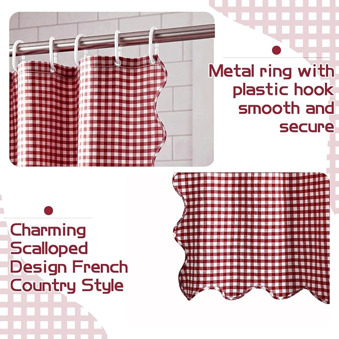 HunnmingRe Scalloped Gingham Shower Curtain Red | 72'' x 72'' Vintage Farmhouse Curtain, Cotton Cottage Core Rural Checkered Plaid Decor, Fall Shower Curtain for Bathroom
