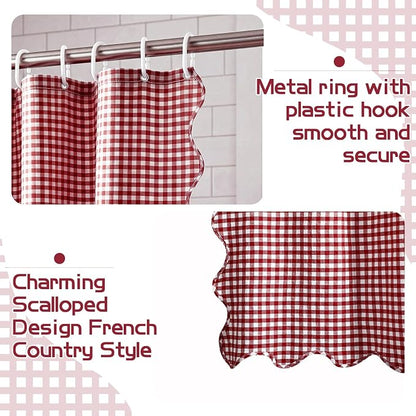 HunnmingRe Scalloped Gingham Shower Curtain Red | 72'' x 72'' Vintage Farmhouse Curtain, Cotton Cottage Core Rural Checkered Plaid Decor, Fall Shower Curtain for Bathroom