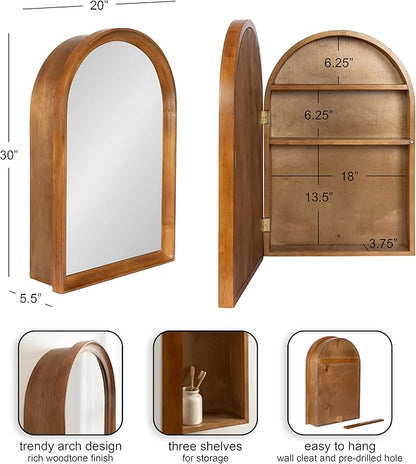 Kate and Laurel Hatherleigh Modern Arched Bathroom Cabinet with Mirror, 20 x 6 x 30, Rustic Brown, Decorative Wooden Bathroom Mirror with Storage for Bath Medicine Cabinet or Over-The-Toilet Storage