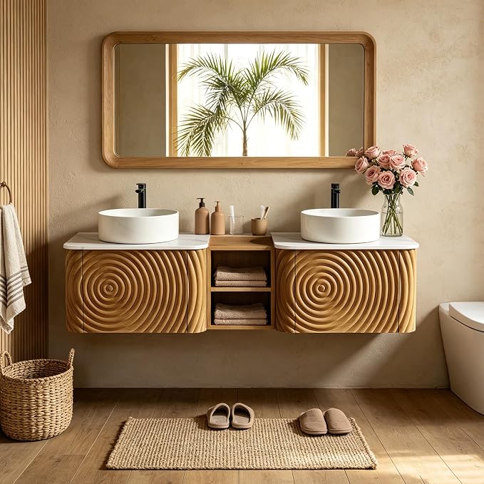 60" Floating Bathroom Vanity with Double Sink, Mid-Century Wall Mounted Bathroom Vanity Cabinet with Wood Waved Decor, Ceramic Vessel Basin, Sintered Stone Top, Soft Close Drawer, Side Open Cube