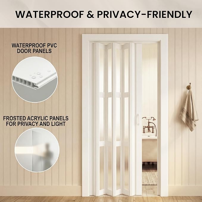 SmartStandard 48" x 80" Accordion Doors with Frosted Acrylic Glass, White | Save Space, Full-Side Magnetic Strip, Double-Layer PVC Accordion Doors Interior for Doorway Closet, Easy to Assemble