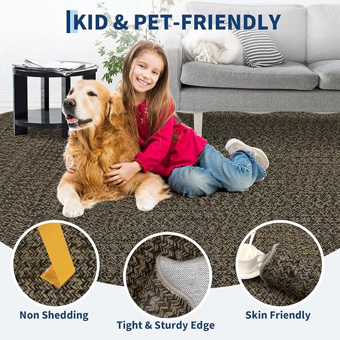 Imitation Braided Collection-Print Large Washable Rug 9x12 Non-Slip Rugs for Living Room, Natural Bordered Carpet, Stain Resistant Thin Foldable Floor Cover Bedroom for Nursery Dining Room