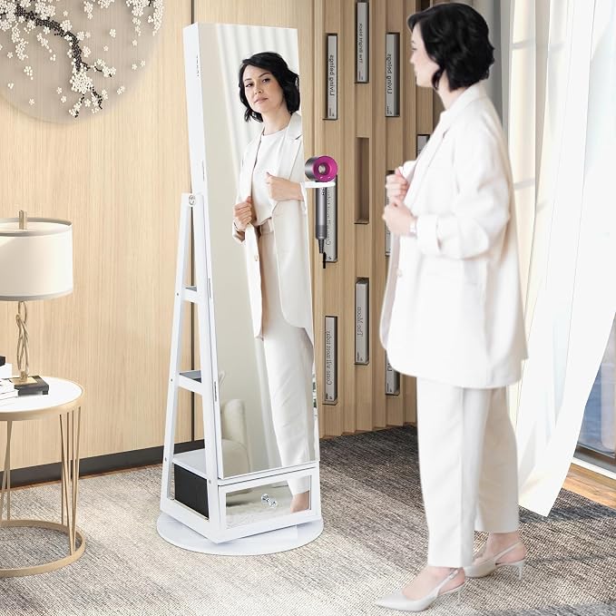 GOFLAME 360° Rotating Jewelry Cabinet with Full Length Mirror, Standing LED Mirror Jewelry Armoire, Lockable Jewelry Organizer with Hair Dryer Rack, Back Storage Shelves, Inner Makeup Mirror, White