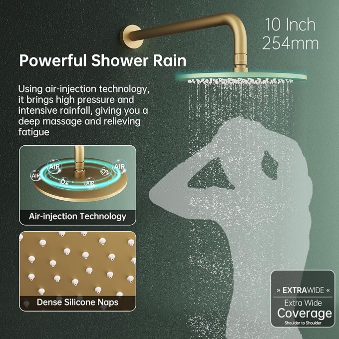 Hoimpro Brushed Gold Rain Shower Head Shower Faucet System Fixture Set | 10 Inch Round Rain Shower Head with Handheld Combo 2 in 1 Sprayer Shower Valve with Trim Kit Wall Mounted Rainfall Showerhead