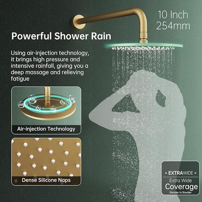 Hoimpro Brushed Gold Rain Shower Head Shower Faucet System Fixture Set | 10 Inch Round Rain Shower Head with Handheld Combo 2 in 1 Sprayer Shower Valve with Trim Kit Wall Mounted Rainfall Showerhead