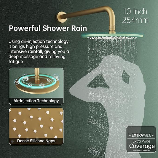Hoimpro Brushed Gold Rain Shower Head Shower Faucet System Fixture Set | 10 Inch Round Rain Shower Head with Handheld Combo 2 in 1 Sprayer Shower Valve with Trim Kit Wall Mounted Rainfall Showerhead