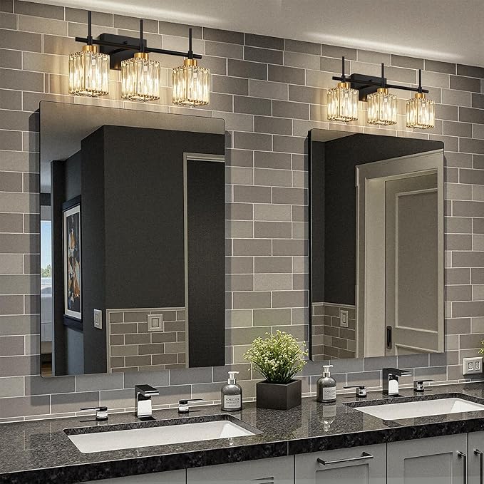 Torondo Modern Crystal 3-Light Vanity Lights for Bathroom Gold Bathroom Lights Over Mirror Black and Gold Vanity Lighting Fixtures Square Shade Brass Wall Sconce (Bulbs Not Include)