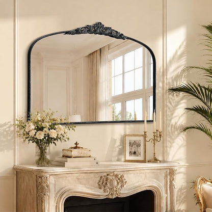 Micasso Oversized Black Arched Mirror: 55"x36" Baroque Vintage Wall Mirror | French Antique Traditional Ornate Decorative for Entryway/Bedroom/Bathroom/Hallway/Fireplace - Home Decor for Living Room
