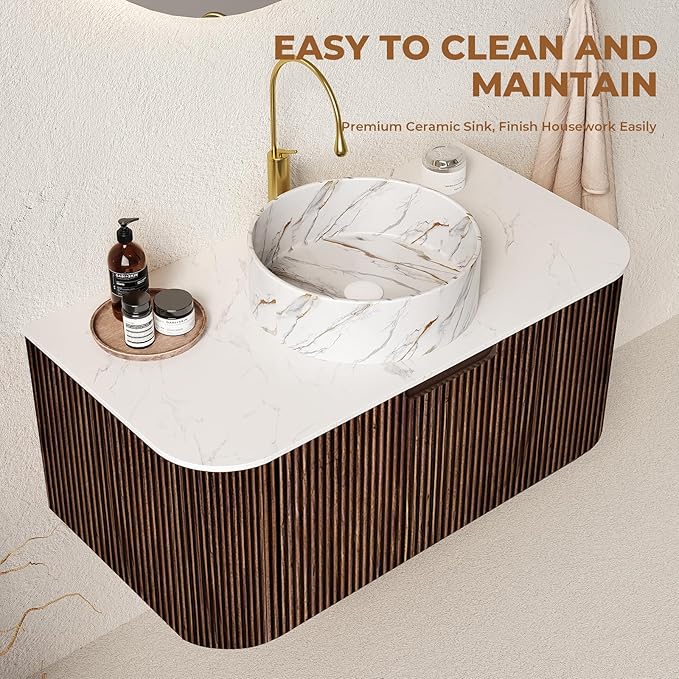 LKTART 36 Inch Floating Bathroom Vanity with Sink, Modern Wall Mounted Bathroom Storage Cabinet with Drawer, Stone Pattern Round White Ceramic Sink Top and Marble Texture Top, Walnut