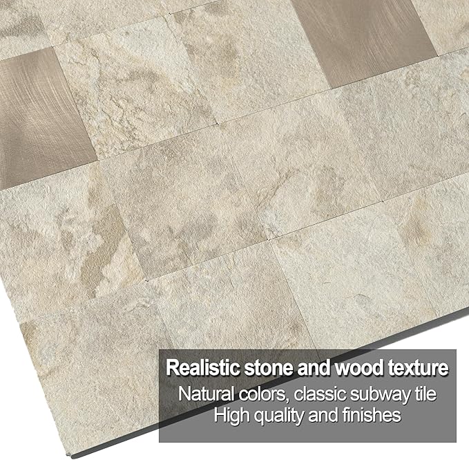Yipscazo 20-Sheets Peel and Stick Backsplash Mosaic Tile Stainless Steel Kitchen Backsplash Stone Beige Stick on Tiles for Kitchen, Bathroom, Laundry Room, Camper, Fireplace