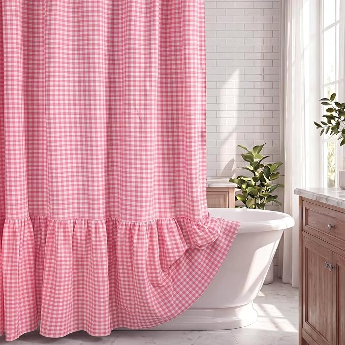 HunnmingRe Ruffle Hem Gingham Shower Curtain Pink | 72'' x 72'' Vintage Farmhouse Curtain, Cotton Cottage Core Rural Checkered Plaid Decor, Fall Shower Curtain for Bathroom