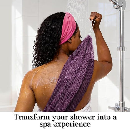 Authentic African Net Sponge, 2 Pack 45-Inch Exfoliating Bath Sponge and Shower Loofah for Body and Back, Colorfast Quick-Dry Knotted Mesh Scrubber with Travel Pouch (Berry & Sage Green)