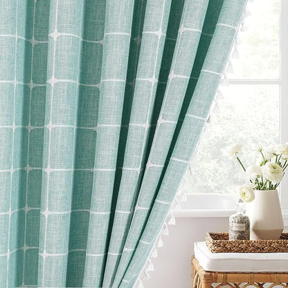 MitoVilla Teal Blue Boho Shower Curtains for Modern Farmhouse Bathroom Decor, Turquoise Country Thick Polyester Linen Fabric Shower Curtain with Tassel, 72 x 72