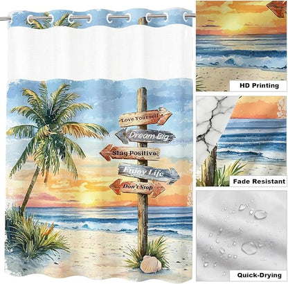 Beach Coastal Tropical No Hook Shower Curtain Luxury Aesthetic Palm Tree | Summer Art No Hook Shower Curtain with Snap in Liner, Waterproof Ringless Shower Curtains for Bathroom 72x74 Inch Colorful