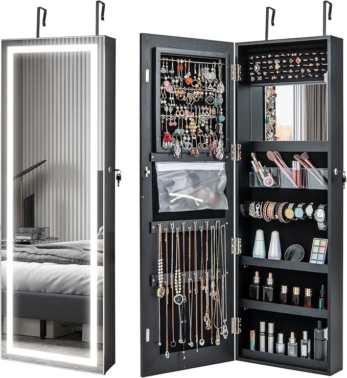 GOFLAME LED Mirror Jewelry Cabinet 47”, Wall/Door Mounted Full Length Mirror with Storage, 3-Color Lights, Interior Makeup Mirror, Jewelry Storage Organizer, Lockable Jewelry Armoire, Black