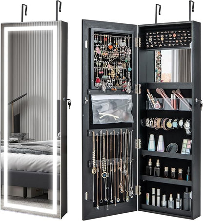 GOFLAME LED Mirror Jewelry Cabinet 47”, Wall/Door Mounted Full Length Mirror with Storage, 3-Color Lights, Interior Makeup Mirror, Jewelry Storage Organizer, Lockable Jewelry Armoire, Black