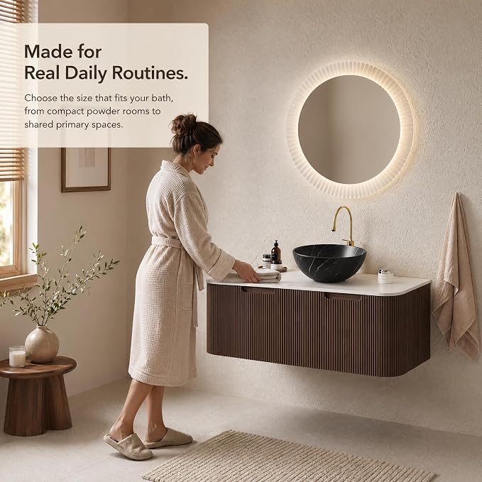 48 Inch Bathroom Vanity with Sink, Floating Wall Mounted Single Sink Vanity, Dark Walnut Curved Fluted Front, Stone Top, Black Marble Vessel Basin, Pre-Assembled