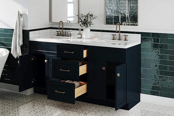 ARIEL Hamlet 66-inch Bathroom Vanity with Sink,Solid Wood, 1.5-inch Pure White Quartz Countertop, Double Rectangular Porcelain Sink, 4 Soft Closing Doors, 3 Dovetail Drawers, Midnight Blue