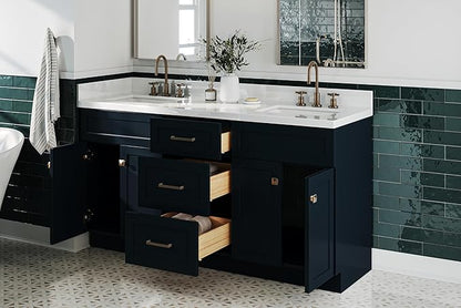 ARIEL Hamlet 66-inch Bathroom Vanity with Sink,Solid Wood, 1.5-inch Pure White Quartz Countertop, Double Rectangular Porcelain Sink, 4 Soft Closing Doors, 3 Dovetail Drawers, Midnight Blue