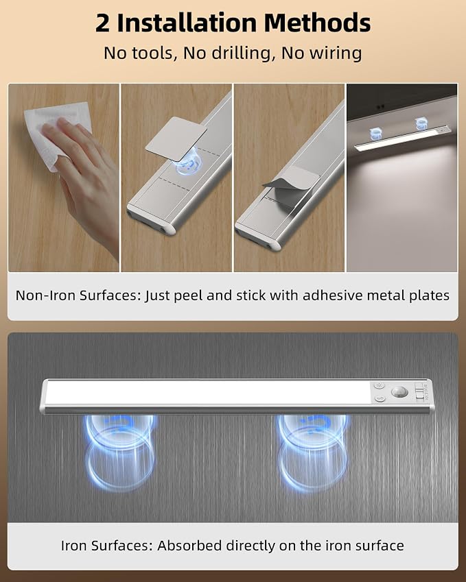 EZVALO 134 LED Under Cabinet Lights, 4000mAh Rechargeable Motion Sensor Light Indoor, Dimmable Magnetic Closet Lights with 3 Color Temps, Wireless Under Counter Lights for Kitchen, Stair (2 Pack)