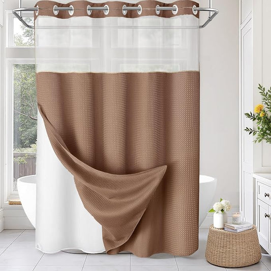 No Hook Shower Curtain with Liner Set Hotel Waffle Mocha Brown 72W X 75L | Washable Snap in Fabric Liner, Mesh Top Window, Waffle Hotel Style Shower Curtain Set