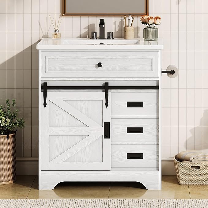 IRONCK 30" Bathroom Vanity with Sink, Farmhouse Bathroom Sink Cabinet with Flip Drawer & Sliding Barn Door, Freestanding Bathroom Vanities with Metal Handles, Paper Towel Holder,White