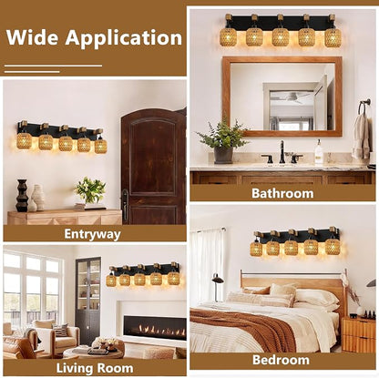 LmnLvn 5-Light Bathroom Vanity Light, Boho Farmhouse Rattan Handwoven Shade | Wood & Metal Frame, Rattan Vanity Light Design, Mounted Over Mirror, Easy To Install for Restroom, Bedroom & Hallway